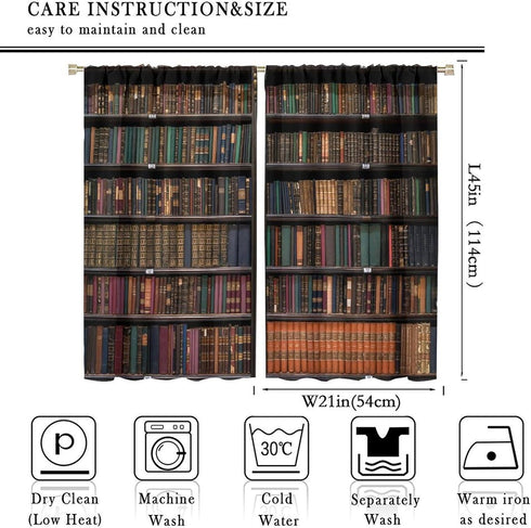 Yearn Jear 2 Sets,42x45 Inch Bookshelf Curtains, Vintage Library with Books Window Treatments for Kids Bedroom, Wooden