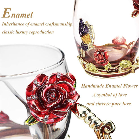 Kaiyuan Dynasty Tea Cup Set - 12oz Glass Coffee Mugs with Enamel Rose Flower Butterfly and Spoon for Birthday Wedding