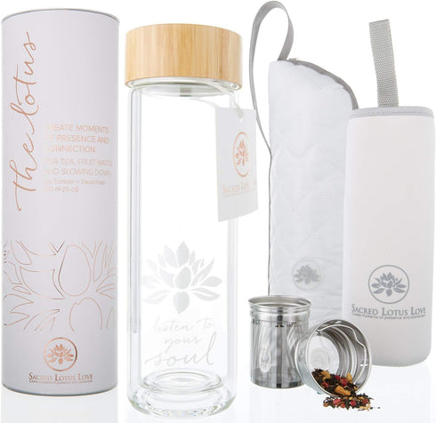15oz Cozy Sacred Lotus Love Double-Walled Glass Tea Tumbler with Infuser and Strainer - Perfect for Loose Leaf Tea