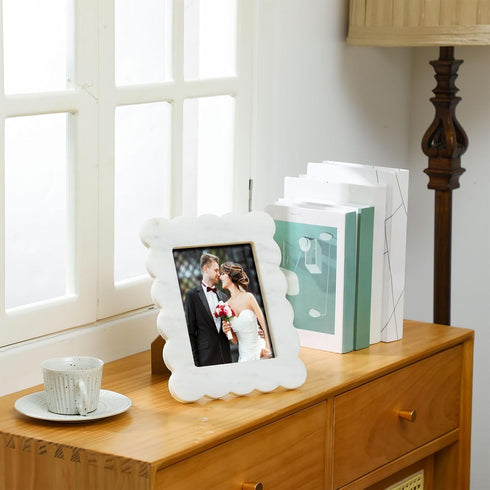 Home(5 7 Inches) Yalikop Scalloped Marble Picture Frame Display Photos Tabletop Display White Frame Home Picture