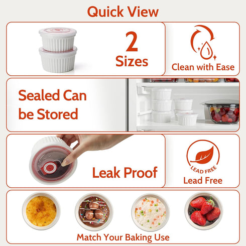Sweese 6-Pack 8 oz Porcelain Ramekins with Lids, White Souffle Dishes for Baking, Oven-Friendly Pudding Bowls