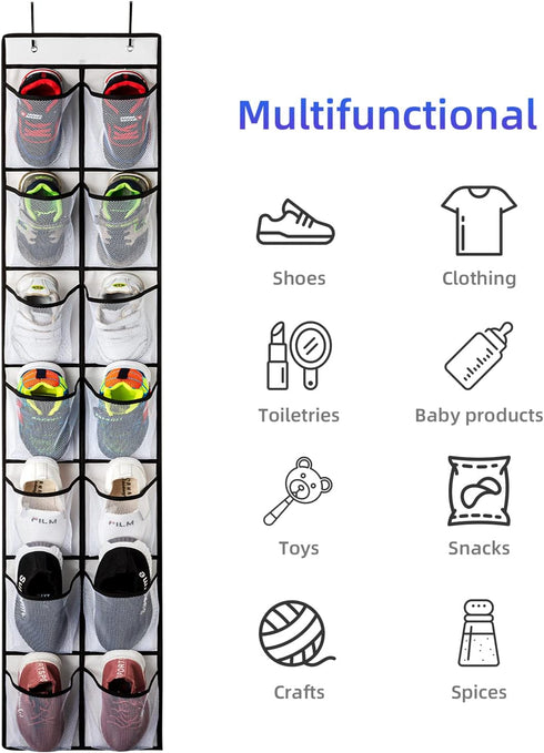 KEEPJOY Over The Door Shoe Organizer | Hanging Shoe Holder with 14 Mesh Pockets and 4 Hooks | White-2Pack