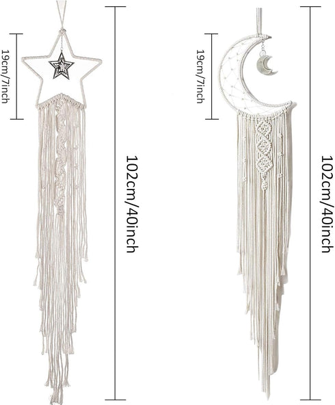 2pcs Tarklanda Moon Star Dream Catcher Decor, Boho Home Moon Star Dreamcatcher, Macrame Wall Hanging Boho Home Decor