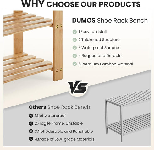 3-Tier 286 lb 11.3 27.6 18 Inches, DUMOS Shoe Rack Bench with Storage, Bamboo Entryway Benches, Wooden Shoe Rack Holds