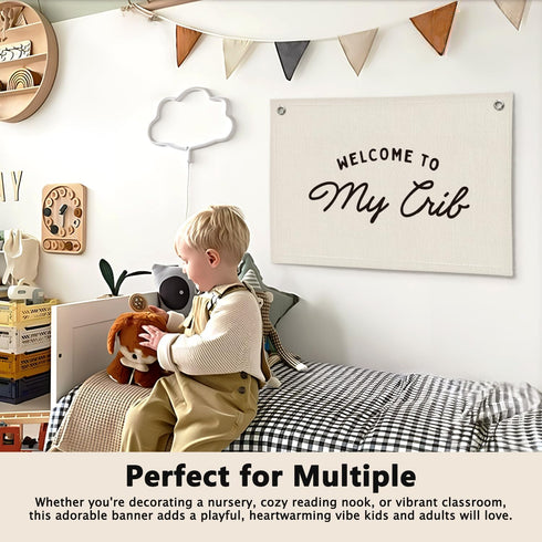 Welcome to My Crib Kids Room Decor - Linen Banner Wall Hanging Canvas Banner Flag Decor for Toddler Boys Girls Bedroom