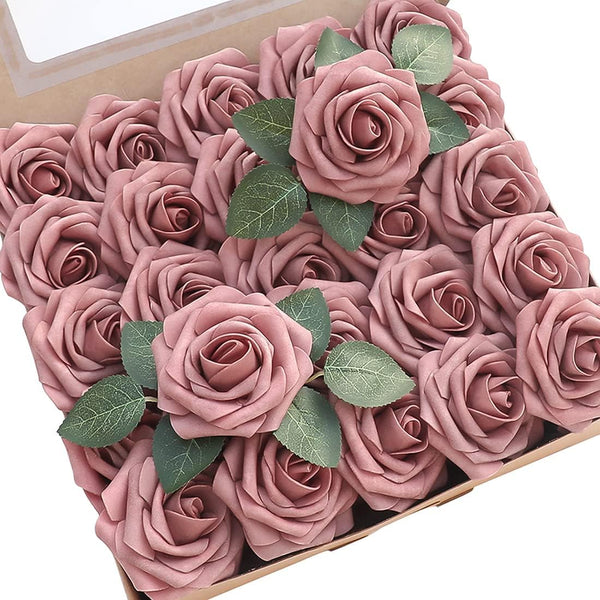 Floroom Artificial Flowers 25pcs Real Looking Dusty Rose Foam Fake Roses for DIY Wedding Bouquets and Home Decorations