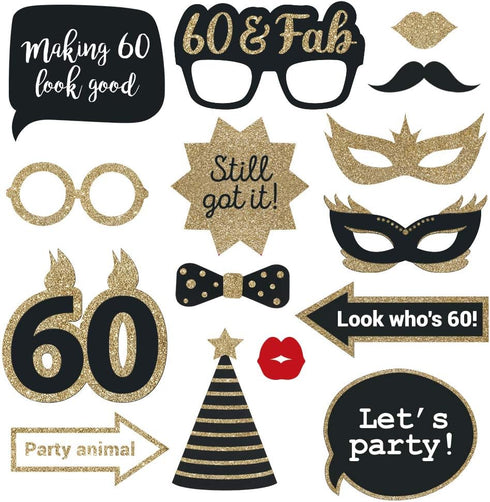 Fully Assembled 60th Birthday Photo Booth Props - Set of 30 - Cute Bday Designs with Real Glitter - Black & Gold Selfie