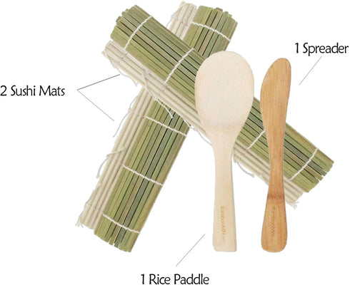 BambooMN Sushi Making Kit, 2x Green Bamboo Rolling Mats, 1x Rice Paddle, 1x Spreader, 100% Bamboo Mats and Utensils