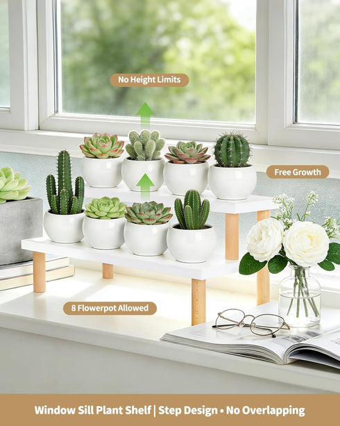 2 15mm Kitchen,Countertop,Office Shelf,Modern,(14.2") Tiered White Table Top Plant Stand, Thick Wooden Desktop