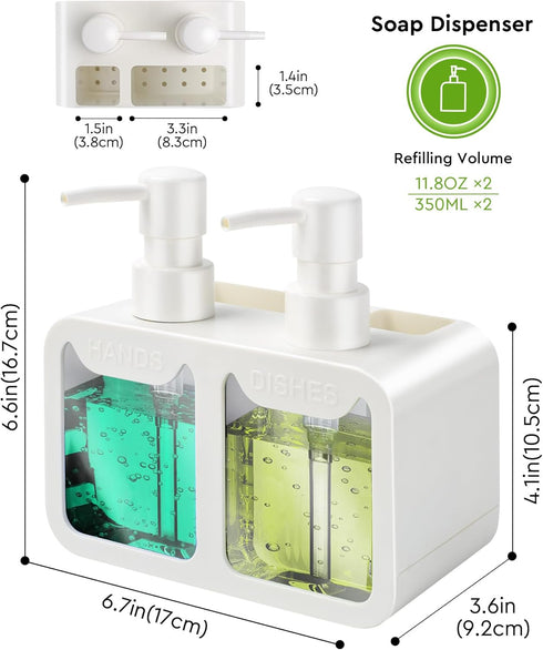 Kitchen Hand Soap and Dish Soap Dispenser Set - Dual Soap Dispenser with Sponge Caddy and Brush Holder, 4-in-1