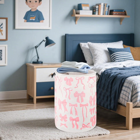SEASINK 17.71"x13.77" Pink Laundry Basket Bow Decor for Girls Room Cute Teens Nursery Hamper Kids Bin for Dorm Bathroom