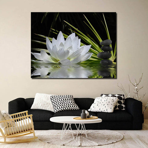 Canvas Wall Art - White Lotus and Black Zen Stones Picture, Modern Wall Decor, 12" x 16"