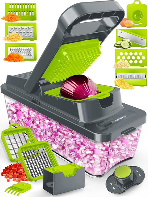 PrepNaturals 12 in 1 Vegetable Chopper with Container - Veggie Cutter, Food Chopper & Onion Chopper for Kitchen (Green)