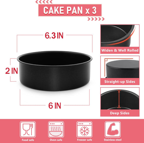 E-far 6 Inch Cake Pan Set of 3, Nonstick Stainless Steel Small Round Cake Pans for Baking Layer Cakes, Non-toxic