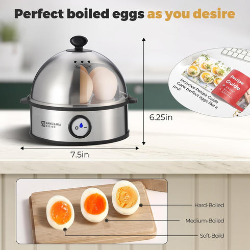 7 360W, Annie & Mia Design Electric Egg Cooker, All Stainless Steel Egg Capacity egg boiler, Hard, Medium, Soft Boiled