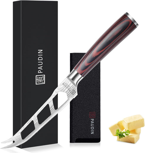 PAUDIN Cheese Knife, 5 Inch Serrated Knife with Ergonomic Pakkawood Handle, High Carbon Steel Ultra Sharp