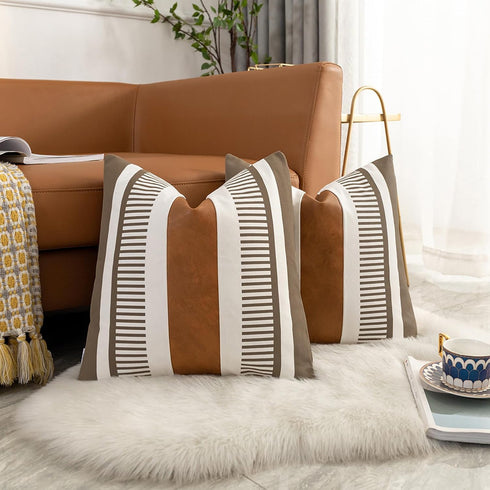 Pack of 2 Farmhouse Decorative Throw Pillow Covers, 18x18 Modern Faux Leather Rustic Stripe