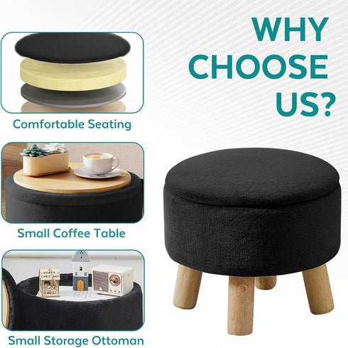 Small Foot Stool Ottoman with Storage, Soft Faux Fur Ottoman Foot Rest for Couch, Round Footstool with Storage, Small