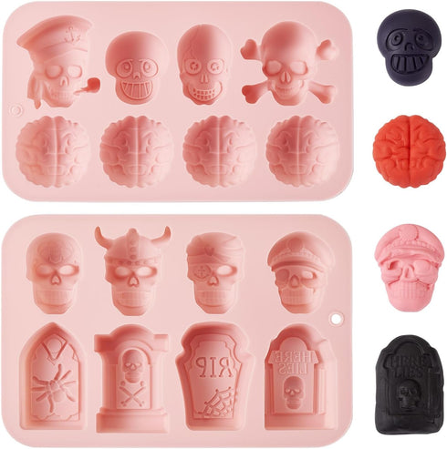 2Pcs Halloween Silicone Mold Skull Tomb Brain Fondant Molds for Gummy Jello Candy Chocolate Baking Decoration