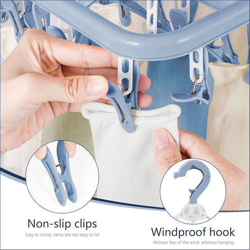 Aolloa Clothes Drying Rack - 32 Clothespins, Foldable Hanging Drying Racks with 360 Rotatable Hook (Blue)