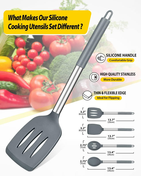 Pack of 4 Silicone Cooking Utensils Set, Non Stick Large Solid Spatulas, Heat Resistant Gray Slotted Spoons, Ideal BPA Free Kitchen Turners for Frying, Mixing,Serving,Draining,Turning,Stirring by BUNDLEPRO