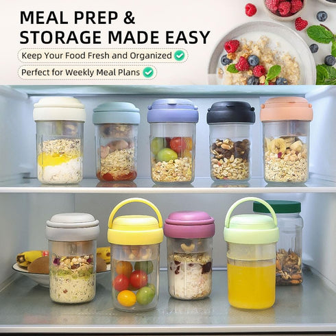 2 Pack 16oz Overnight Oats Containers with Lids and Handles, Folding Spoons & Divided Compartments for Fruit & Nuts