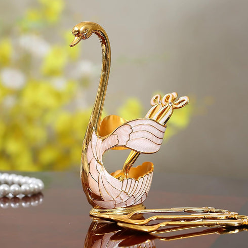 Decorative Gold Swan Base Holder with 6 Pcs Coffee Spoon Set, Creative Dessert Spoons
