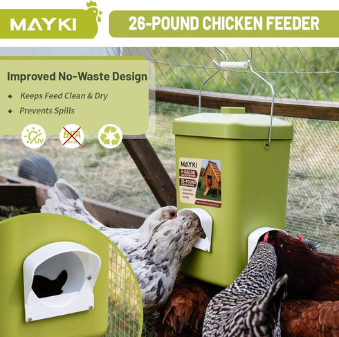 Set, 3 Gallon/26 LB 10 MAYKI Chicken Feeder and Waterer No Waste Poultry Feeding System with Hanging Option, Automatic