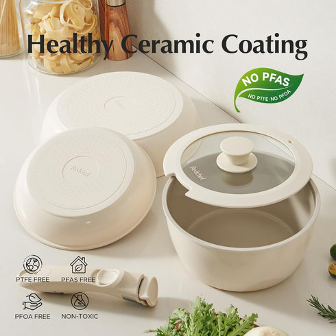 Redchef Ceramic Pots and Pans Set, Non Stick Kitchen Cookware, 5 Piece Non Toxic Pots and Pans Set, Beige
