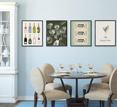 ULEGIE Set 4, 12x16 Inch ULEGI Bar Cart Wall Decor, Trendy Retro Champagne Cocktail Cheers Wall Art Decor of Bar