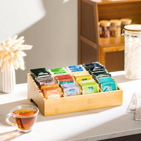 Tea Bag Organizer - Bamboo Storage with 12 Compartments for Tea Bags, Natural Bamboo for Kitchen Cabinet