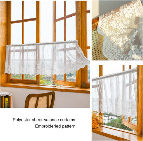 Molaxhome White Lace Valances for Windows, 51x16inch, Semi Sheer Curtain for Kitchen Cafe