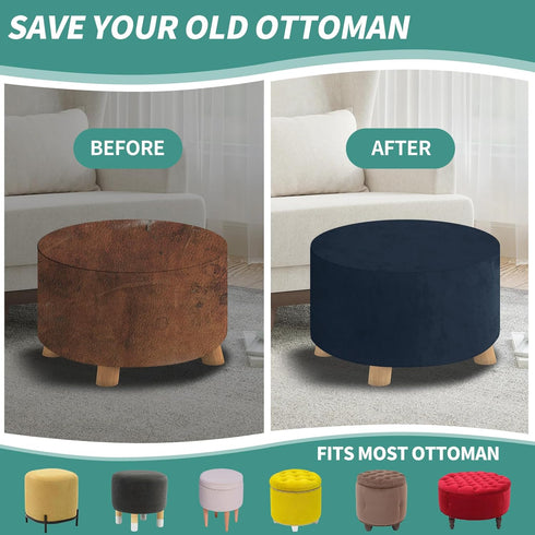 MAXIJIN Velvet Ottoman Cover - Round Slipcover Washable Foot Stool Cover Thick Storage Footrest Protector with Elastic
