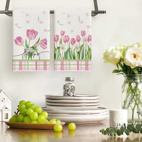 18x26 Inch Set 2 Artoid Mode Tulip Buffalo Plaid Flowers Spring Kitchen Towels Dish Towels, Seasonal Floral Decoration