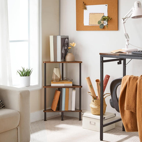 3-Tier BF30CJ01 HOOBRO Corner Shelf Stand, Industrial Corner Bookshelf with Metal Frame, Plant Display Shelf, Small