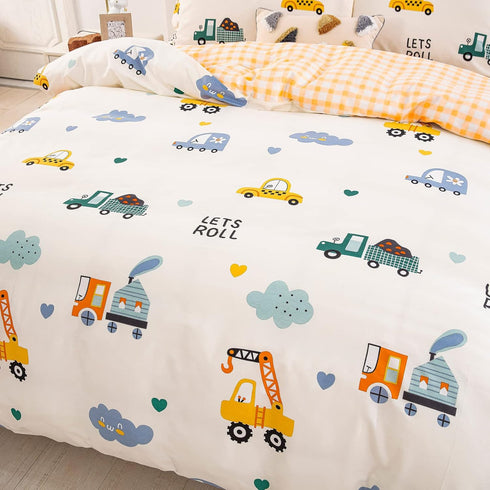 Set Set 2 Set (1 Cover+1 Kids Duvet Cover Twin, Cotton Cartoon Car Truck Bedding for Boys Girls, Pieces Soft Breathable