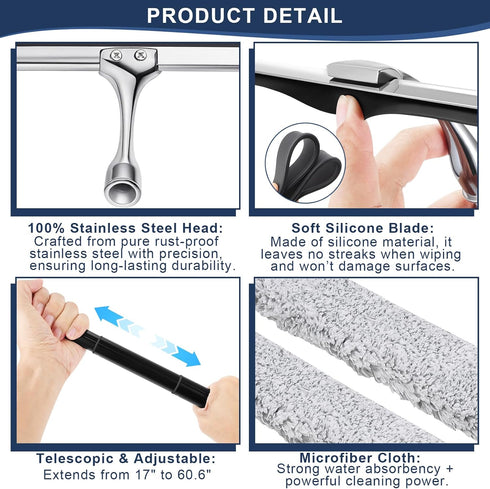 17'' 60'' 12'' (60'' - Metal Squeegee with Extension Pole for Window,Glass Door,Mirror, Wide Telescopic Shower Squeegee