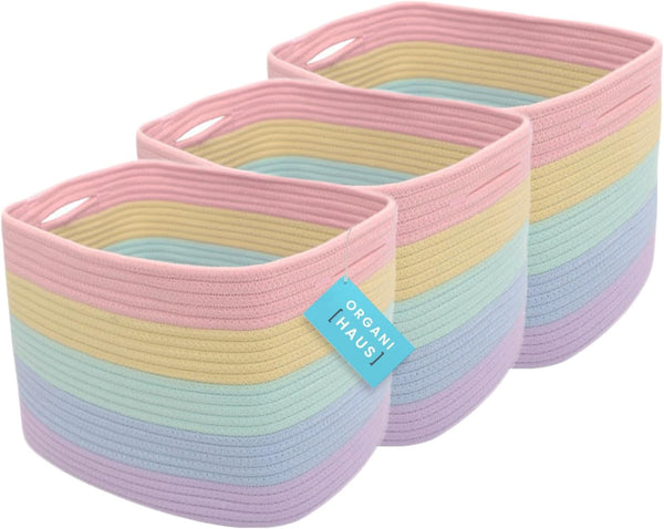 OrganiHaus Set of 3 Pastel Rainbow Baskets - Colorful Woven Storage Baskets