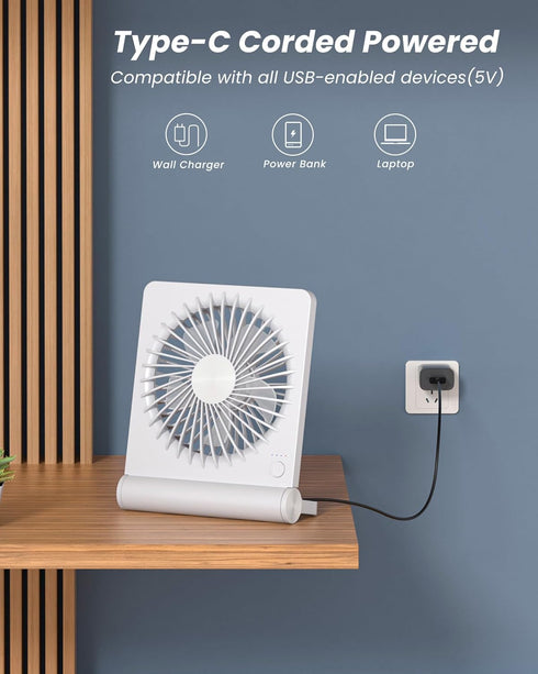 Koonie USB Fan, Ultra Quiet Small Desk Fan, 220° Tilt, 3 Speeds Adjustable, USB-C Powered for Home Office