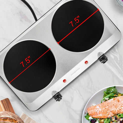 OVENTE 1500W Countertop Infrared Double Burner, Silver Electric Hot Plate with 7.5” Ceramic Glass Cooktop