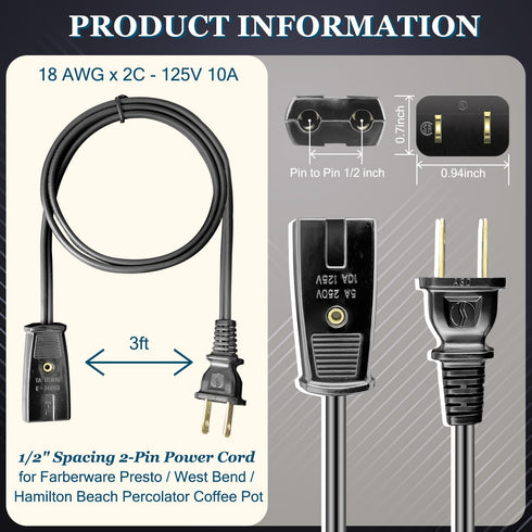 Percolator Power Cord for Hamilton Beach Coffee Pot Model 40514 40614 40622, 2pin Black 3ft Length (1-Pack)