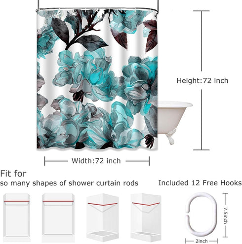 Emvency Aqua Shower Curtain - Blue Flower Floral Teal Pattern with Roses, Waterproof Polyester Fabric 72 x 72 inches