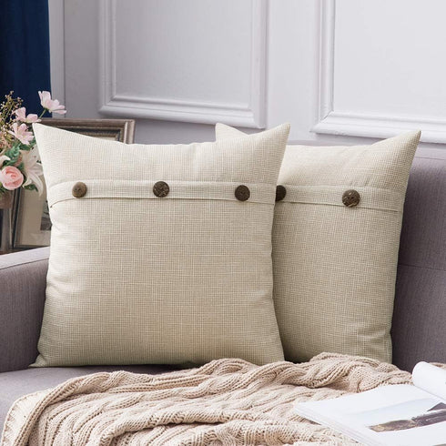 MIULEE Set of 2 Vintage Linen Pillow Covers with Triple Button Accent for Couch Sofa Bed Living Room Decor 18x18 Inch