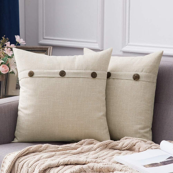 MIULEE Set of 2 Vintage Linen Pillow Covers with Triple Button Accent for Couch Sofa Bed Living Room Decor 18x18 Inch