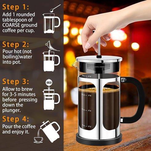 French Press Coffee Maker, 34oz (1 Quart, 5-6 Cup), Heat Resistant Borosilicate Glass, Cold Brew Coffee Tea Pot Gifts