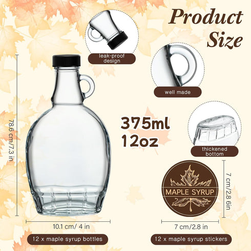 12 12 oz FoldTier Pcs Glass Maple Syrup Bottles Clear Reusable Glass Bottles with Lids Loop Handle and Maple Syrup