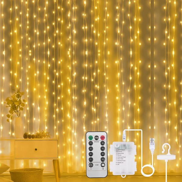 AOMIG Fairy Curtain Lights,300 LED Warm White Window Curtain String Light,8 Modes 9.89.8Ft