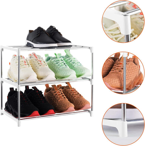 Xerhnan 3-Tier Closet(White) Stackable Small Shoe Rack, Lightweight Shoe Shelf Storage Organizer for Entryway, Hallway