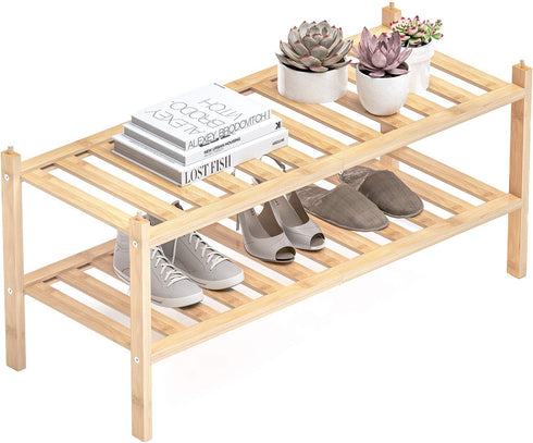 Dranixly Shoe Rack, 2-Tier Bamboo Stackable Shelf Storage Organizer, Stand for Closet, Entryway,
