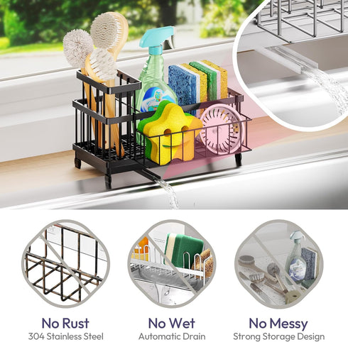 360Auto-Drain Countertop SWTYMIKI Sink Caddy Sponge Holder - Large Sponge Holder for Kitchen Sink with Tray, Rustproof
